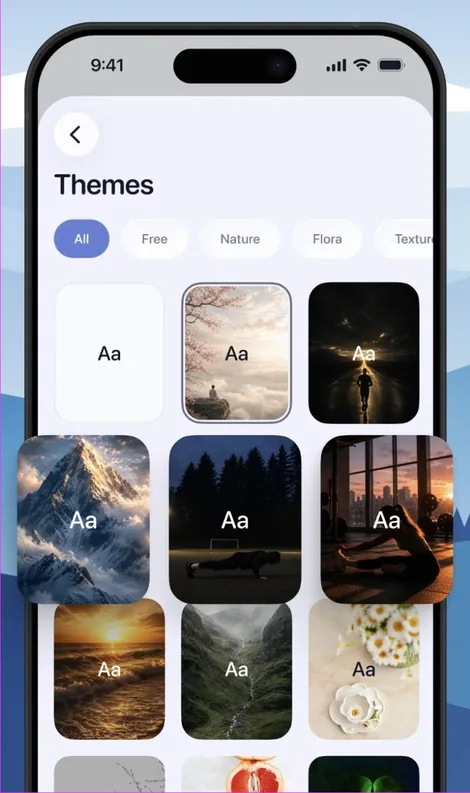 The theme picker in the app, showing photographic backgrounds